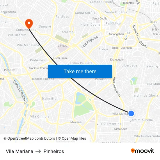 Vila Mariana to Pinheiros map