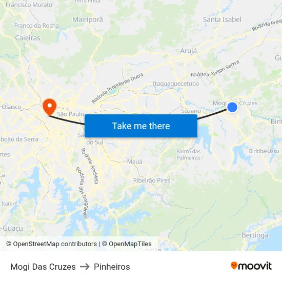 Mogi Das Cruzes to Pinheiros map