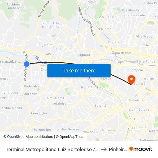 Terminal Metropolitano Luiz Bortolosso / Km 21 to Pinheiros map