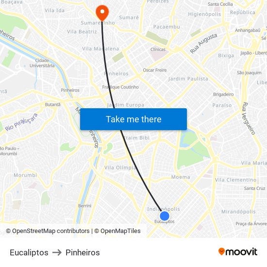 Eucaliptos to Pinheiros map