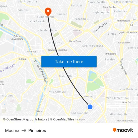 Moema to Pinheiros map