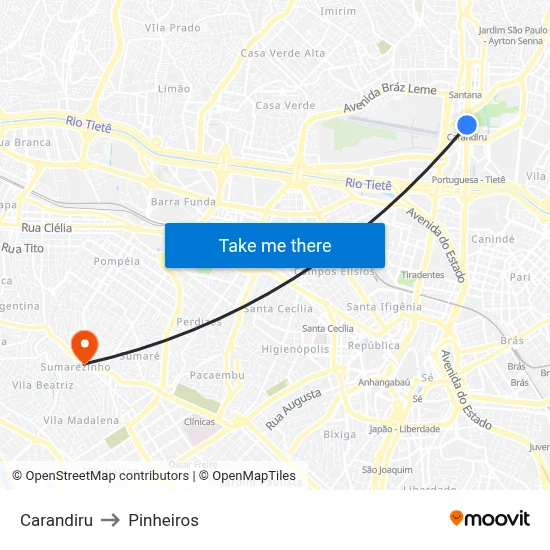 Carandiru to Pinheiros map