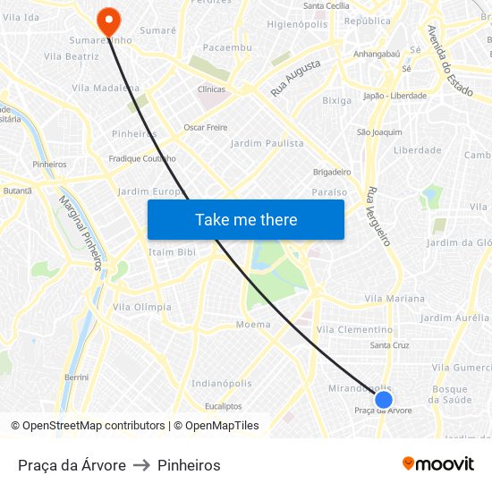 Praça da Árvore to Pinheiros map