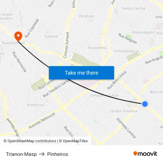 Trianon-Masp to Pinheiros map