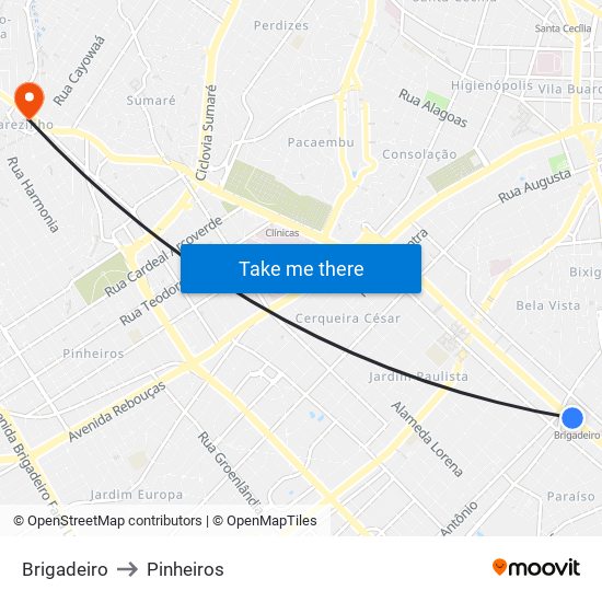 Brigadeiro to Pinheiros map