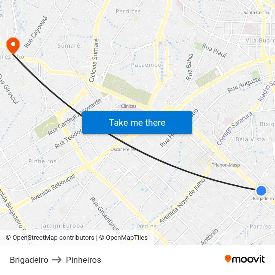 Brigadeiro to Pinheiros map