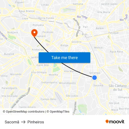 Sacomã to Pinheiros map