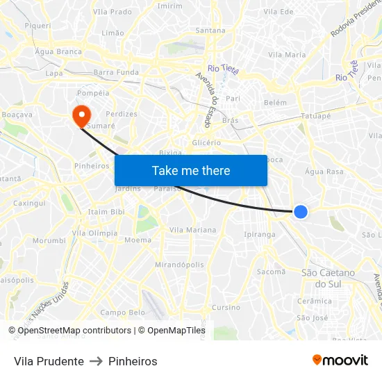 Vila Prudente to Pinheiros map