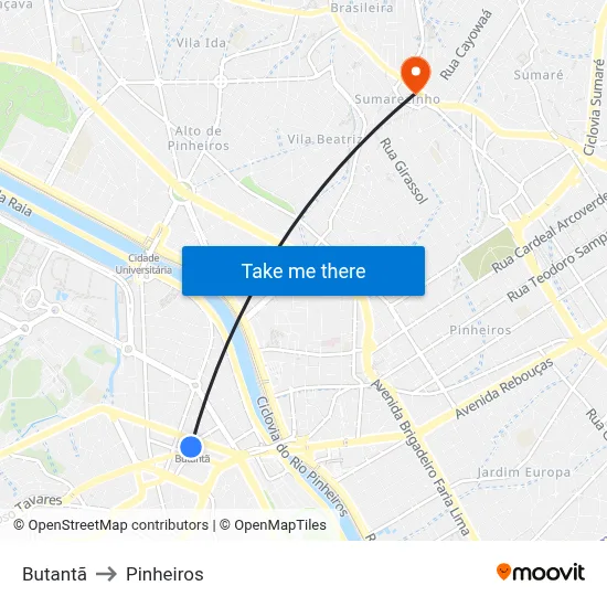 Butantã to Pinheiros map