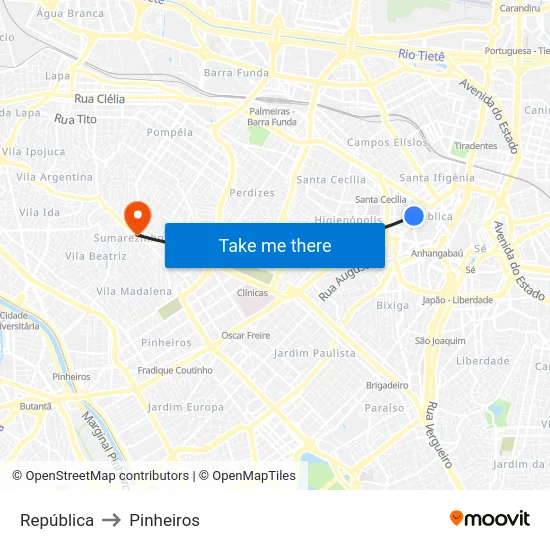 República to Pinheiros map
