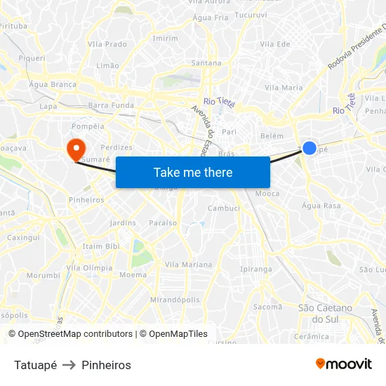 Tatuapé to Pinheiros map