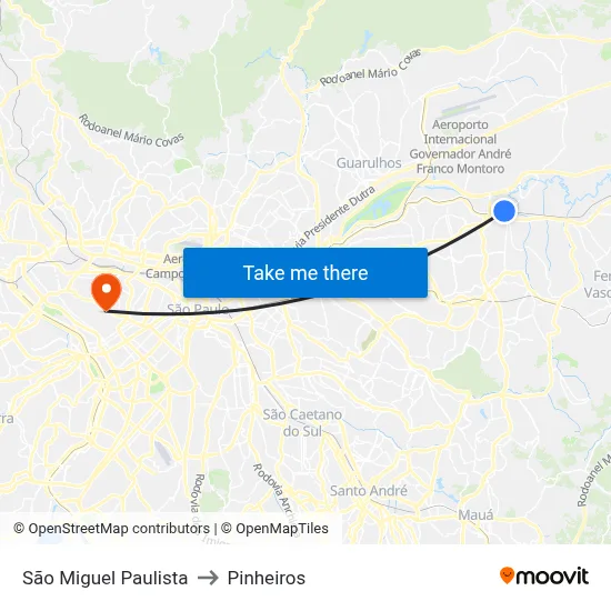 São Miguel Paulista to Pinheiros map