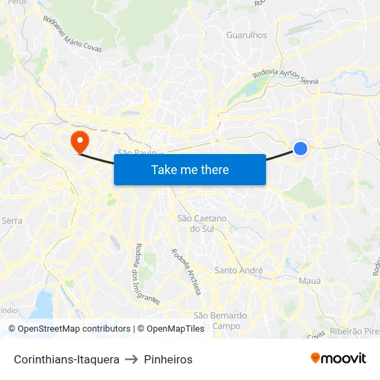 Corinthians-Itaquera to Pinheiros map