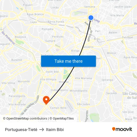 Portuguesa-Tietê to Itaim Bibi map