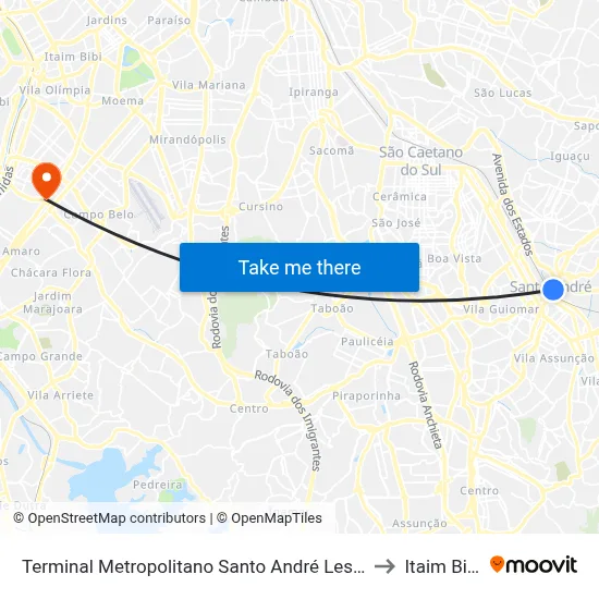 Terminal Metropolitano Santo André Leste to Itaim Bibi map