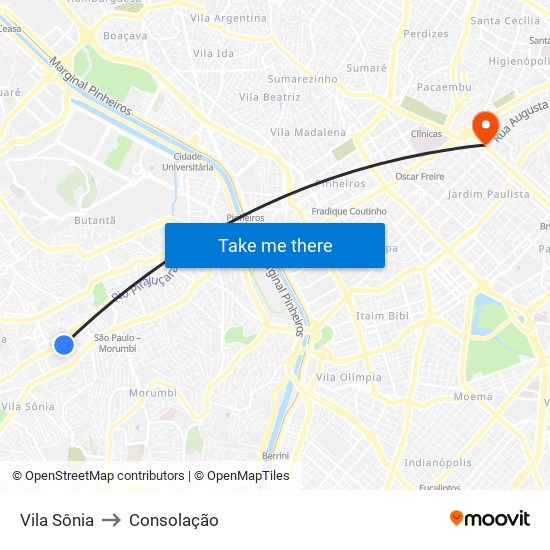 Vila Sônia to Consolação map
