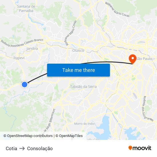 Cotia to Consolação map