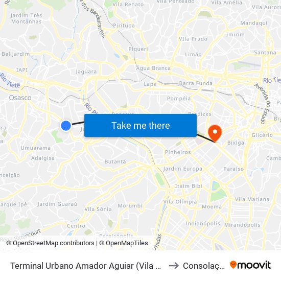 Terminal Urbano Amador Aguiar (Vila Yara) to Consolação map
