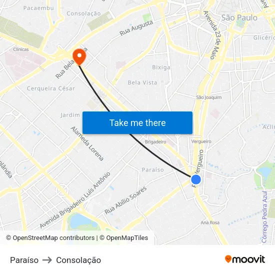 Paraíso to Consolação map
