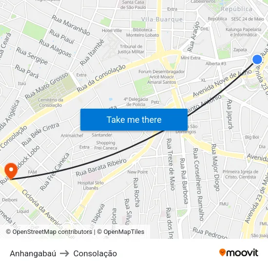 Anhangabaú to Consolação map