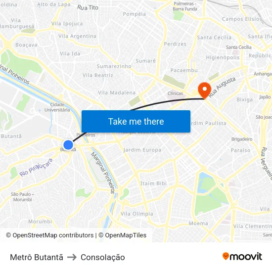 Metrô Butantã to Consolação map