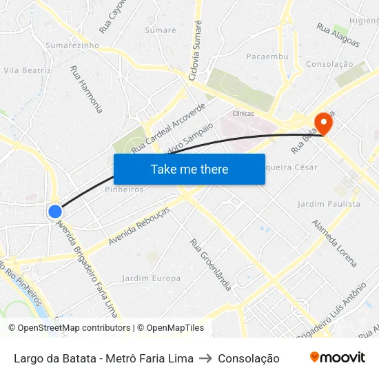 Largo da Batata - Metrô Faria Lima to Consolação map