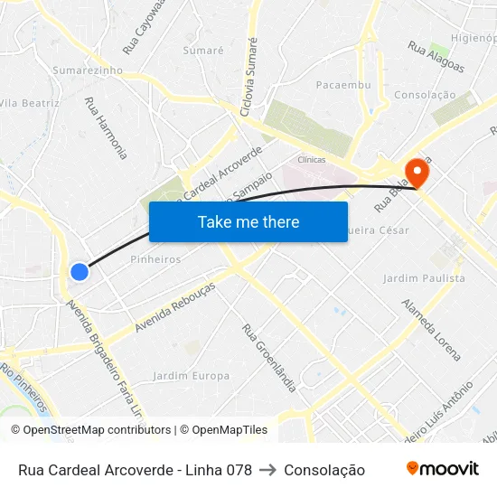 Rua Cardeal Arcoverde - Linha 078 to Consolação map