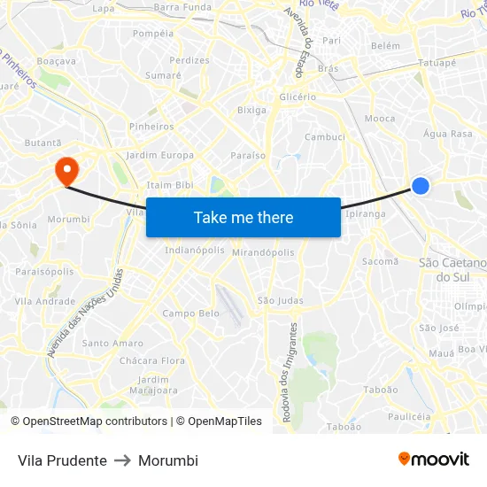 Vila Prudente to Morumbi map