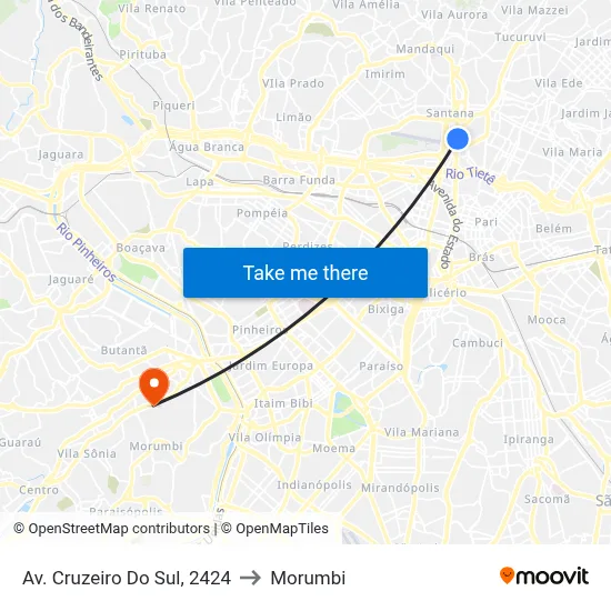 Av. Cruzeiro Do Sul, 2424 to Morumbi map