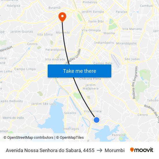 Avenida Nossa Senhora do Sabará, 4455 to Morumbi map