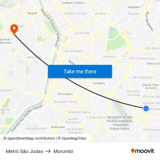 Metrô São Judas to Morumbi map