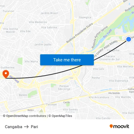 Cangaíba to Pari map