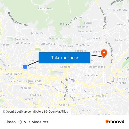 Limão to Vila Medeiros map