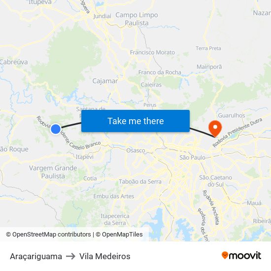 Araçariguama to Vila Medeiros map