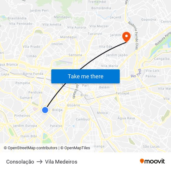 Consolação to Vila Medeiros map