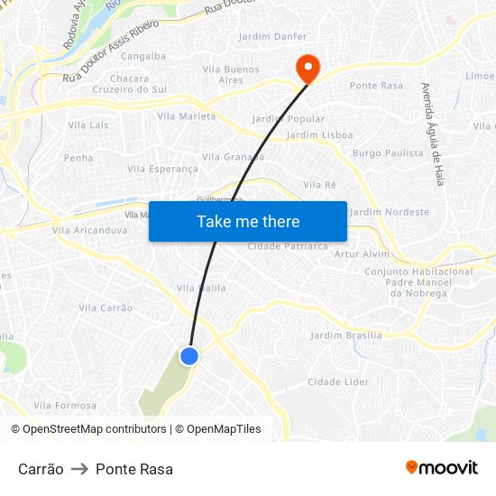 Carrão to Ponte Rasa map