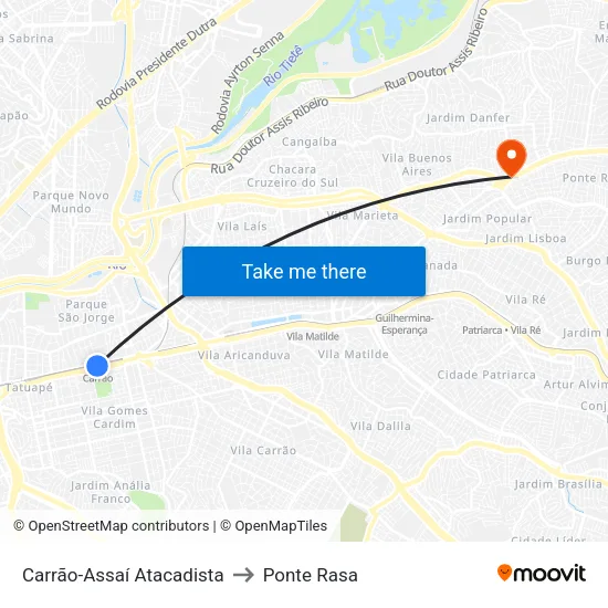 Carrão-Assaí Atacadista to Ponte Rasa map