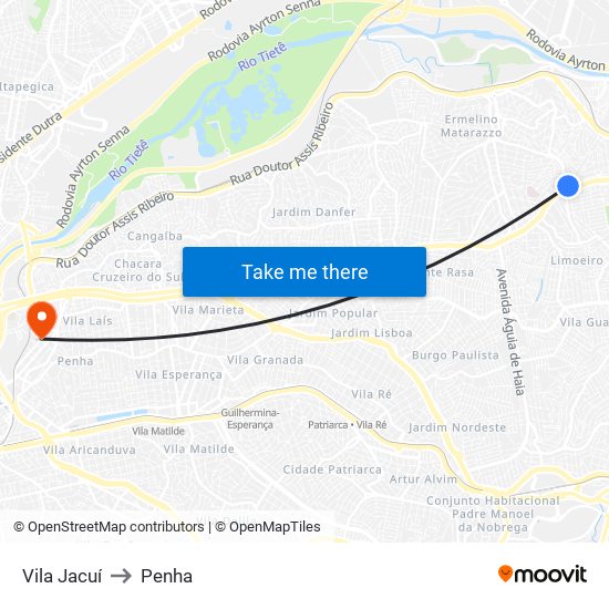 Vila Jacuí to Penha map