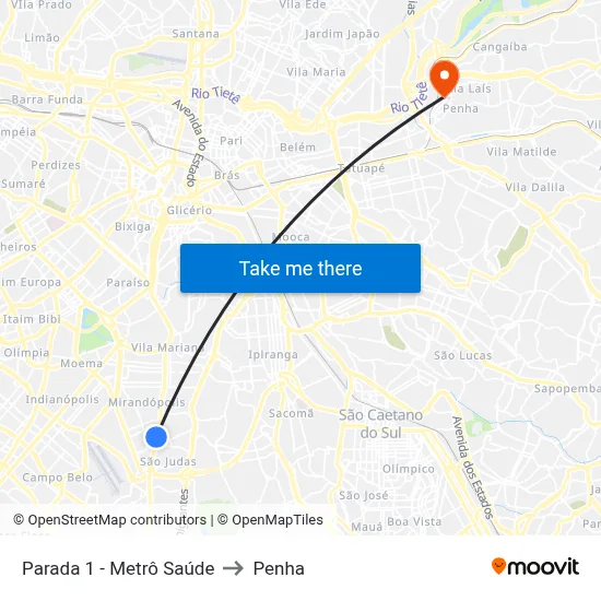 Parada 1 - Metrô Saúde to Penha map