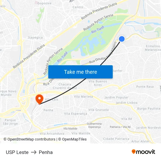 USP Leste to Penha map