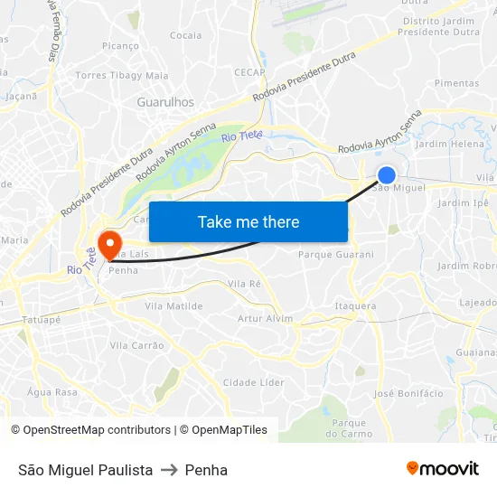 São Miguel Paulista to Penha map