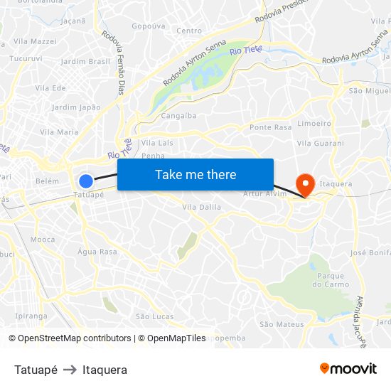Tatuapé to Itaquera map