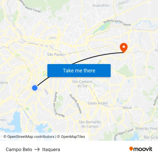 Campo Belo to Itaquera map