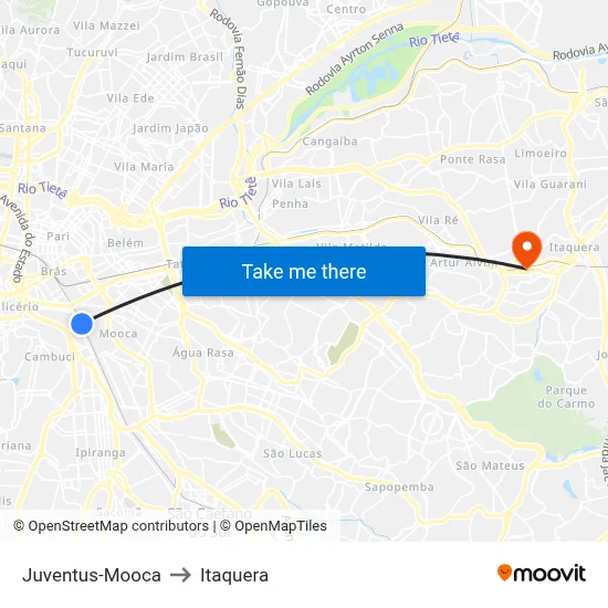 Juventus-Mooca to Itaquera map
