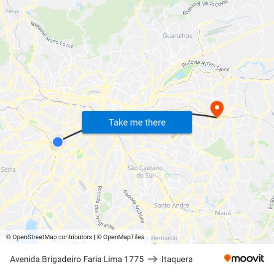Avenida Brigadeiro Faria Lima 1775 to Itaquera map