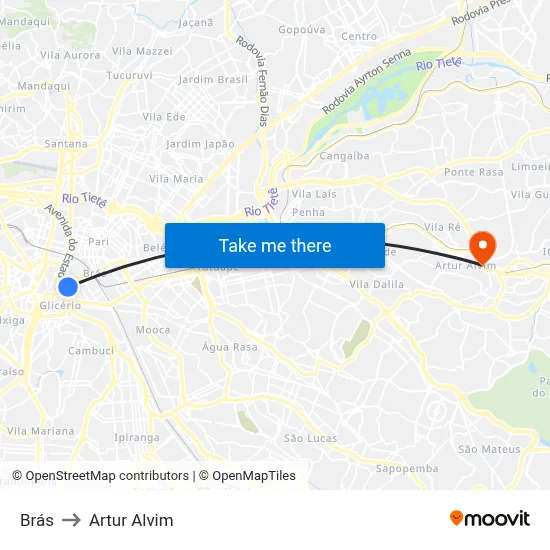 Brás to Artur Alvim map