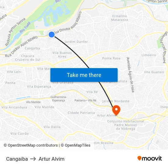 Cangaíba to Artur Alvim map