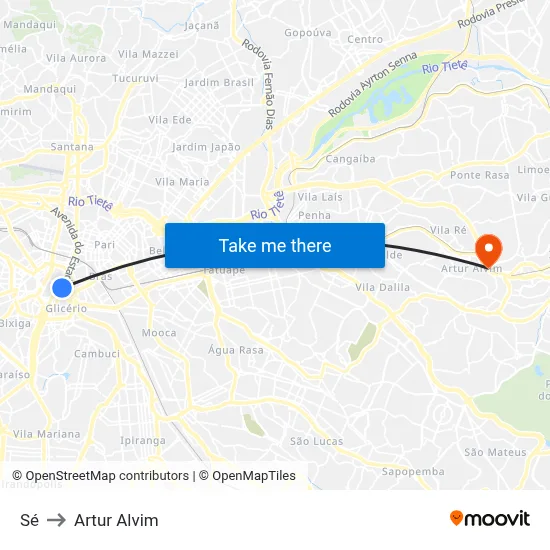 Sé to Artur Alvim map