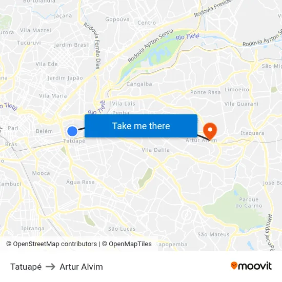 Tatuapé to Artur Alvim map