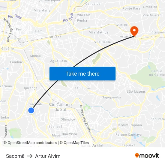 Sacomã to Artur Alvim map